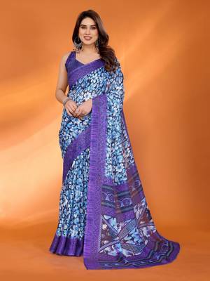 lavender floral printed chiffon saree with rich border design 1