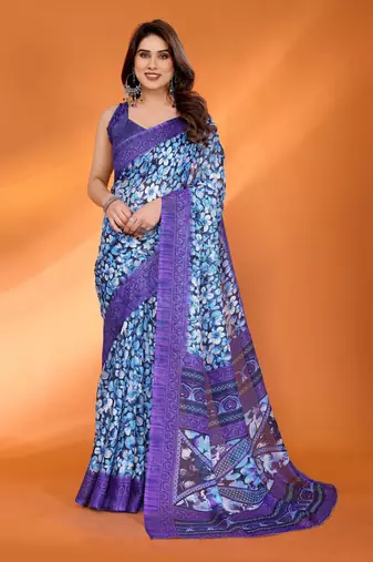 lavender floral printed chiffon saree with rich border design