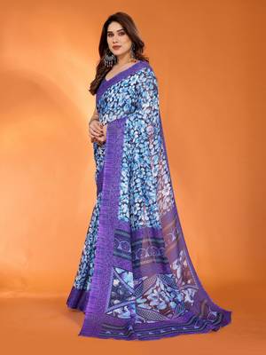 lavender floral printed chiffon saree with rich border design 2