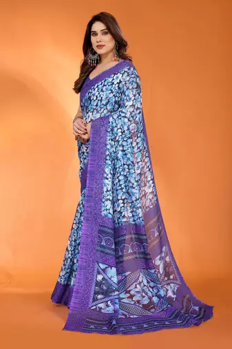 lavender floral printed chiffon saree with rich border design