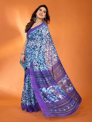 lavender floral printed chiffon saree with rich border design 3