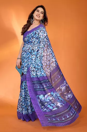 lavender floral printed chiffon saree with rich border design
