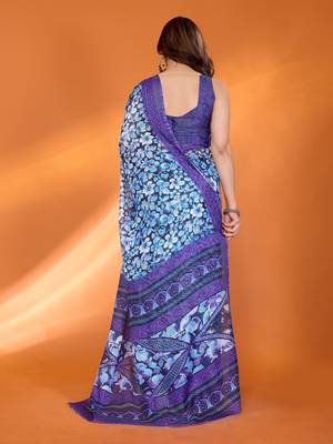 lavender floral printed chiffon saree with rich border design 4