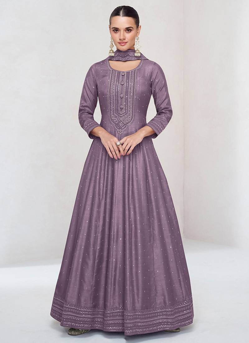 Lavender vichitra silk anarkali suit