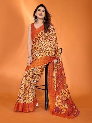 orange floral printed chiffon saree with rich border design 1