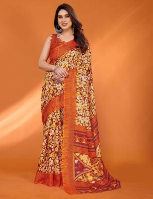 orange floral printed chiffon saree with rich border design 2