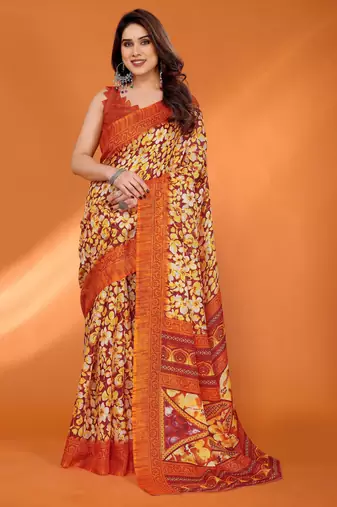 orange floral printed chiffon saree with rich border design