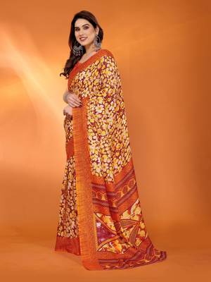 orange floral printed chiffon saree with rich border design 3