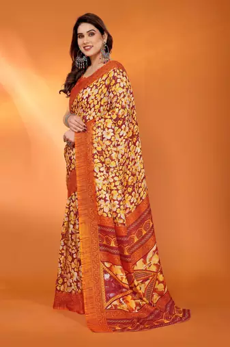 orange floral printed chiffon saree with rich border design