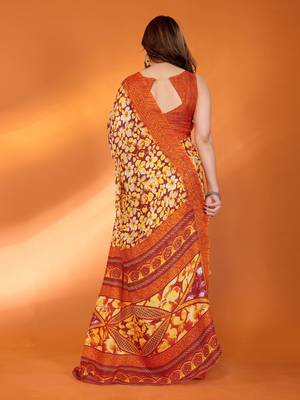 orange floral printed chiffon saree with rich border design 4