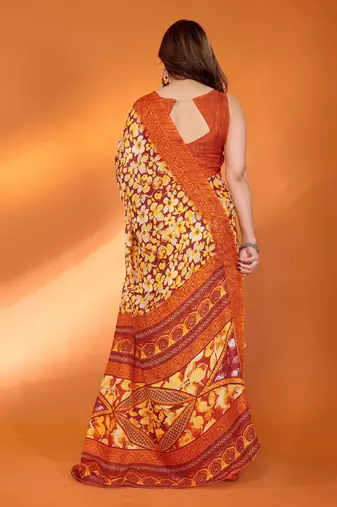 orange floral printed chiffon saree with rich border design