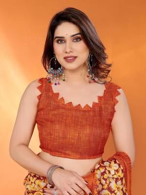 orange floral printed chiffon saree with rich border design 5