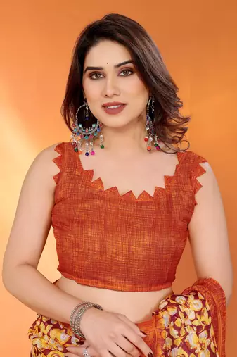 orange floral printed chiffon saree with rich border design