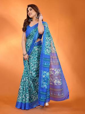 royal blue floral printed chiffon saree with rich border design 1