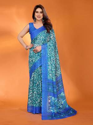 royal blue floral printed chiffon saree with rich border design 2