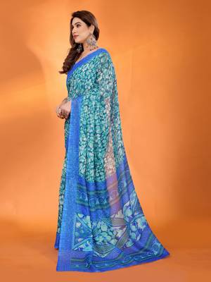 royal blue floral printed chiffon saree with rich border design 3