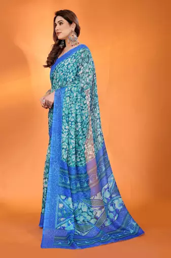 royal blue floral printed chiffon saree with rich border design