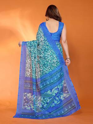 royal blue floral printed chiffon saree with rich border design 4