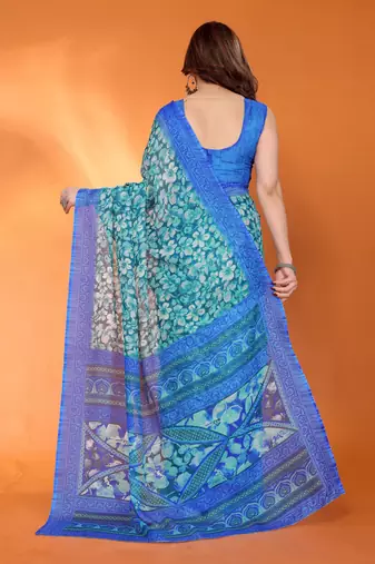 royal blue floral printed chiffon saree with rich border design