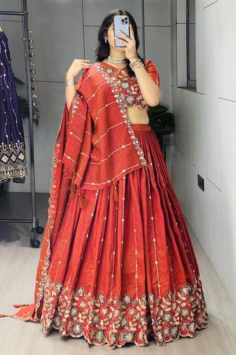 Rust-Orange Multi Embroidery & Pipe Bead Work Lehenga With Fully Stitched Blouse