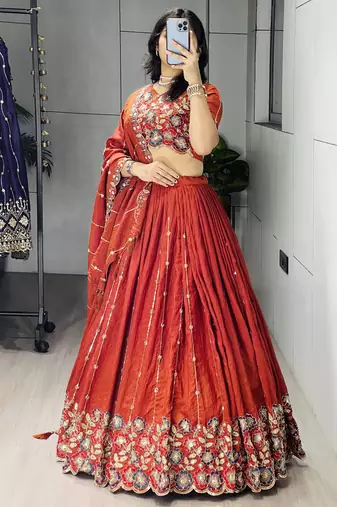 Rust-Orange Multi Embroidery & Pipe Bead Work Lehenga With Fully Stitched Blouse