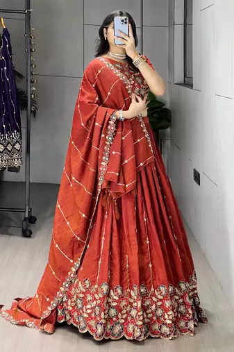 Rust-Orange Multi Embroidery & Pipe Bead Work Lehenga With Fully Stitched Blouse