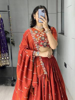 Rust-Orange Multi Embroidery & Pipe Bead Work Lehenga With Fully Stitched Blouse 4