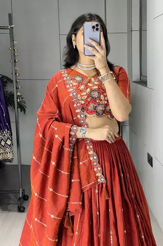 Rust-Orange Multi Embroidery & Pipe Bead Work Lehenga With Fully Stitched Blouse