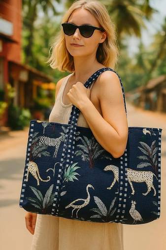 Indian navyblue tiger print quilted shoulder bag women's beach cotton handbag usa style
