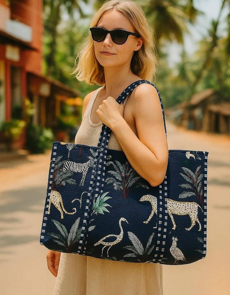 Indian navyblue tiger print quilted shoulder bag women's beach cotton handbag usa style