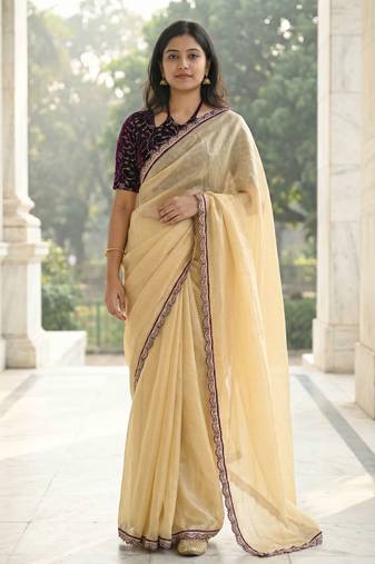 yellow fendy silk saree with contrast lace border
