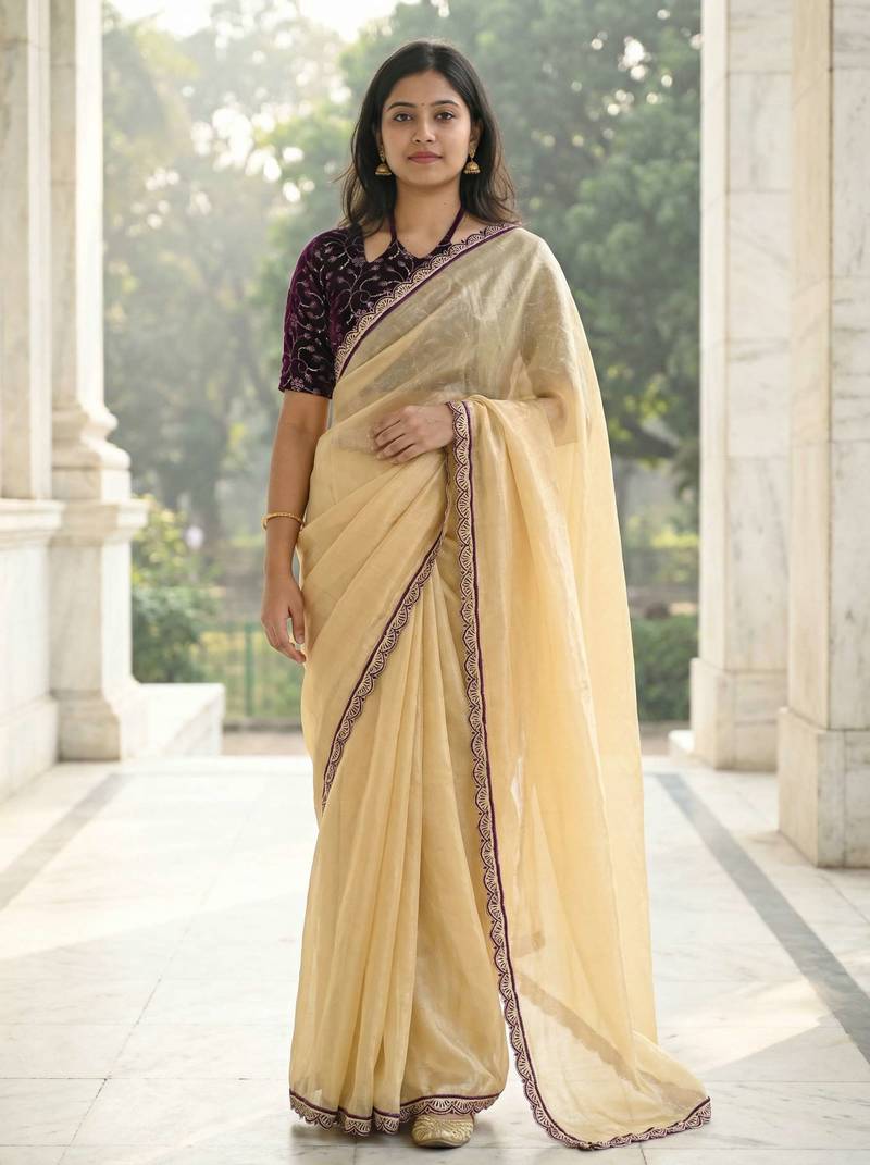 Yellow color plain with contrast matching embroidered lace premium fendy silk saree with unstitched blouse