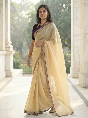 yellow fendy silk saree with contrast lace border
 2