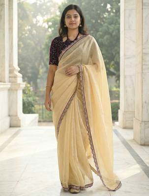 yellow fendy silk saree with contrast lace border
 3