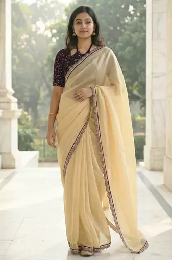 yellow fendy silk saree with contrast lace border