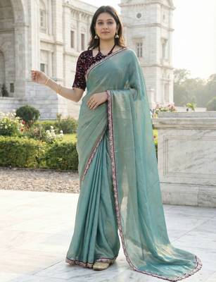 green fendy silk saree with contrast lace border 2