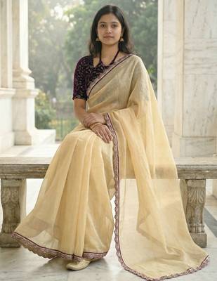 yellow fendy silk saree with contrast lace border
 4