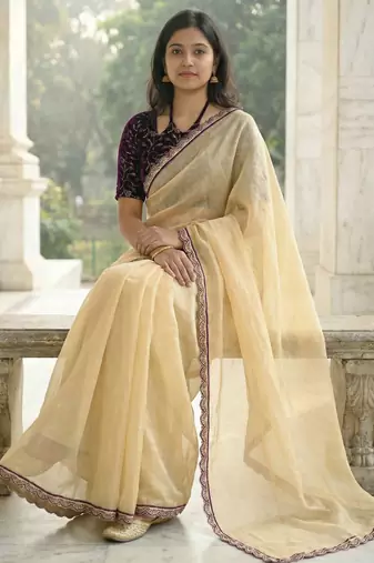 yellow fendy silk saree with contrast lace border