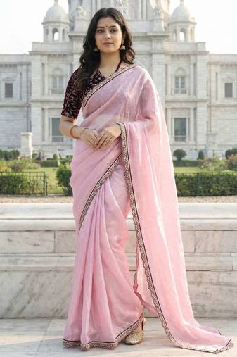 Pink color plain with contrast matching embroidered lace premium fendy silk saree with unstitched blouse