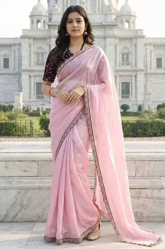 Pink color plain with contrast matching embroidered lace premium fendy silk saree with unstitched blouse