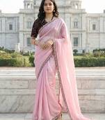 pink fendy silk saree with contrast lace border