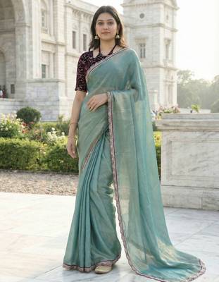 green fendy silk saree with contrast lace border 3