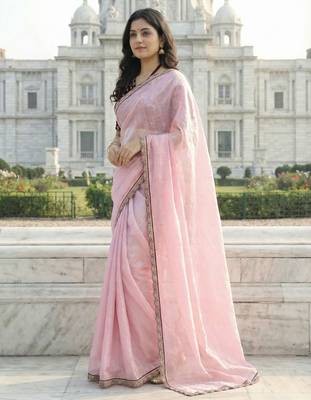 Pink color plain with contrast matching embroidered lace premium fendy silk saree with unstitched blouse 2
