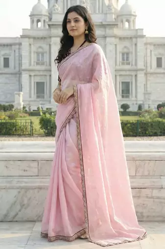 Pink color plain with contrast matching embroidered lace premium fendy silk saree with unstitched blouse