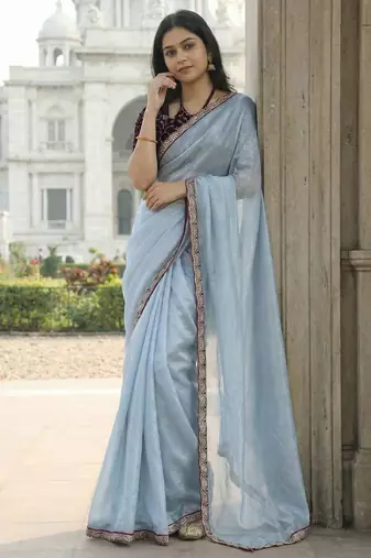 Sky color plain with contrast matching embroidered lace premium fendy silk saree with unstitched blouse