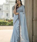 sky blue fendy silk saree with contrast lace border