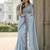 Sky color plain with contrast matching embroidered lace premium fendy silk saree with unstitched blouse