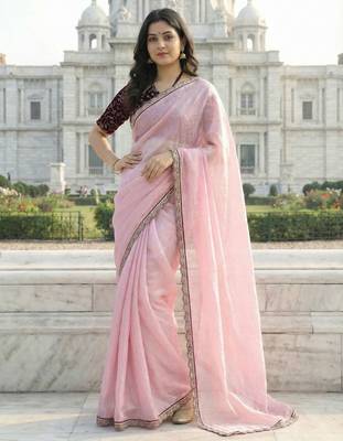 Pink color plain with contrast matching embroidered lace premium fendy silk saree with unstitched blouse 3