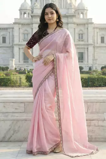 Pink color plain with contrast matching embroidered lace premium fendy silk saree with unstitched blouse