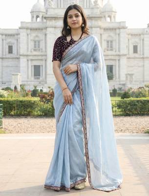 Sky color plain with contrast matching embroidered lace premium fendy silk saree with unstitched blouse 2